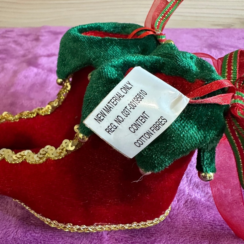 Christmas Elf Boot Ornaments Red Green Jingle Bells Sequins Set of 2 - Picture 6 of 6